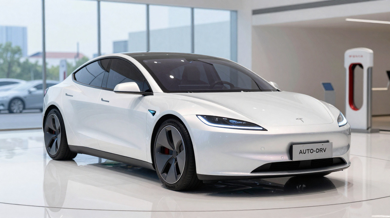 Carro elétrico branco Tesla Model S exposto em showroom moderno com carregador ao fundo.