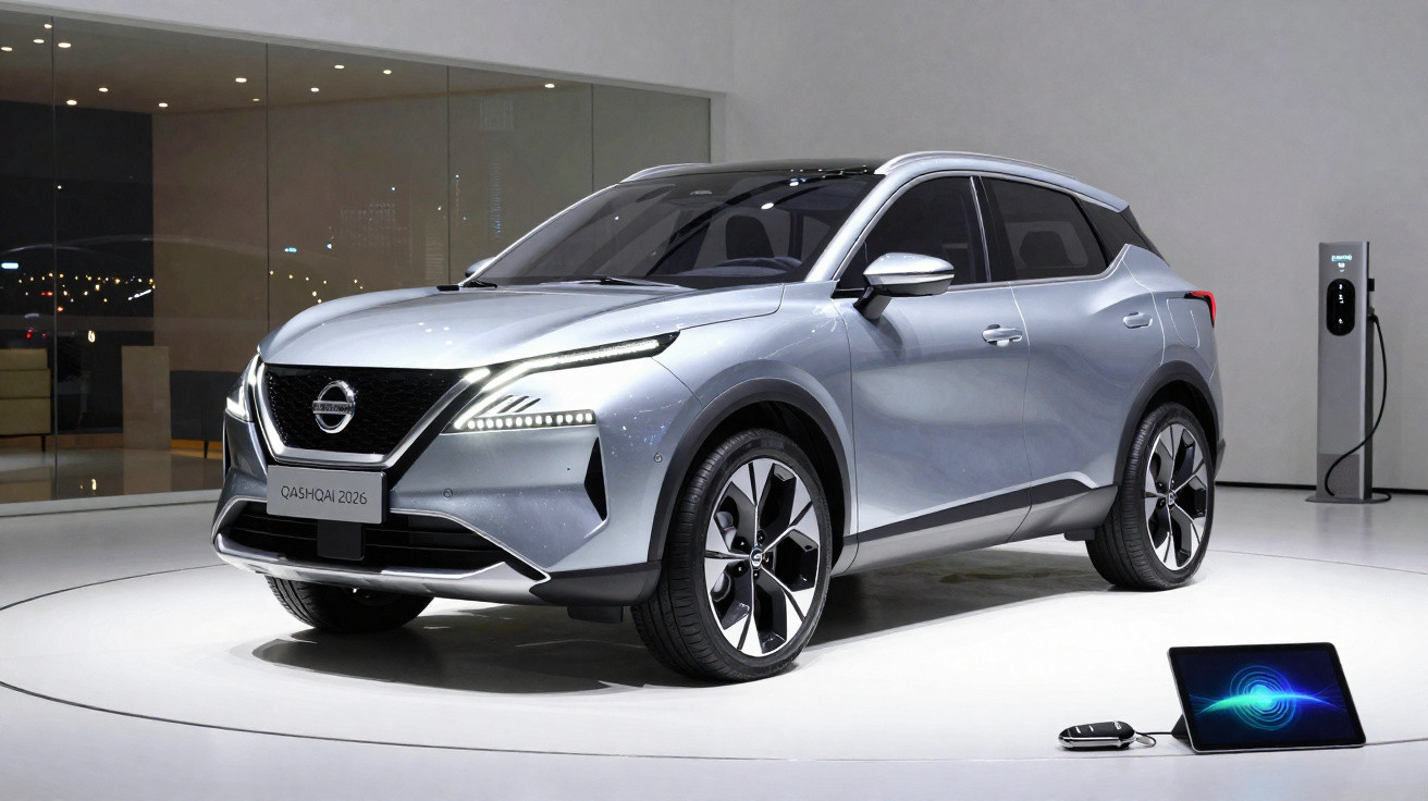 Carro SUV elétrico prata Nissan Qashqai 2026 em exposição com carregador e tablet ao lado.