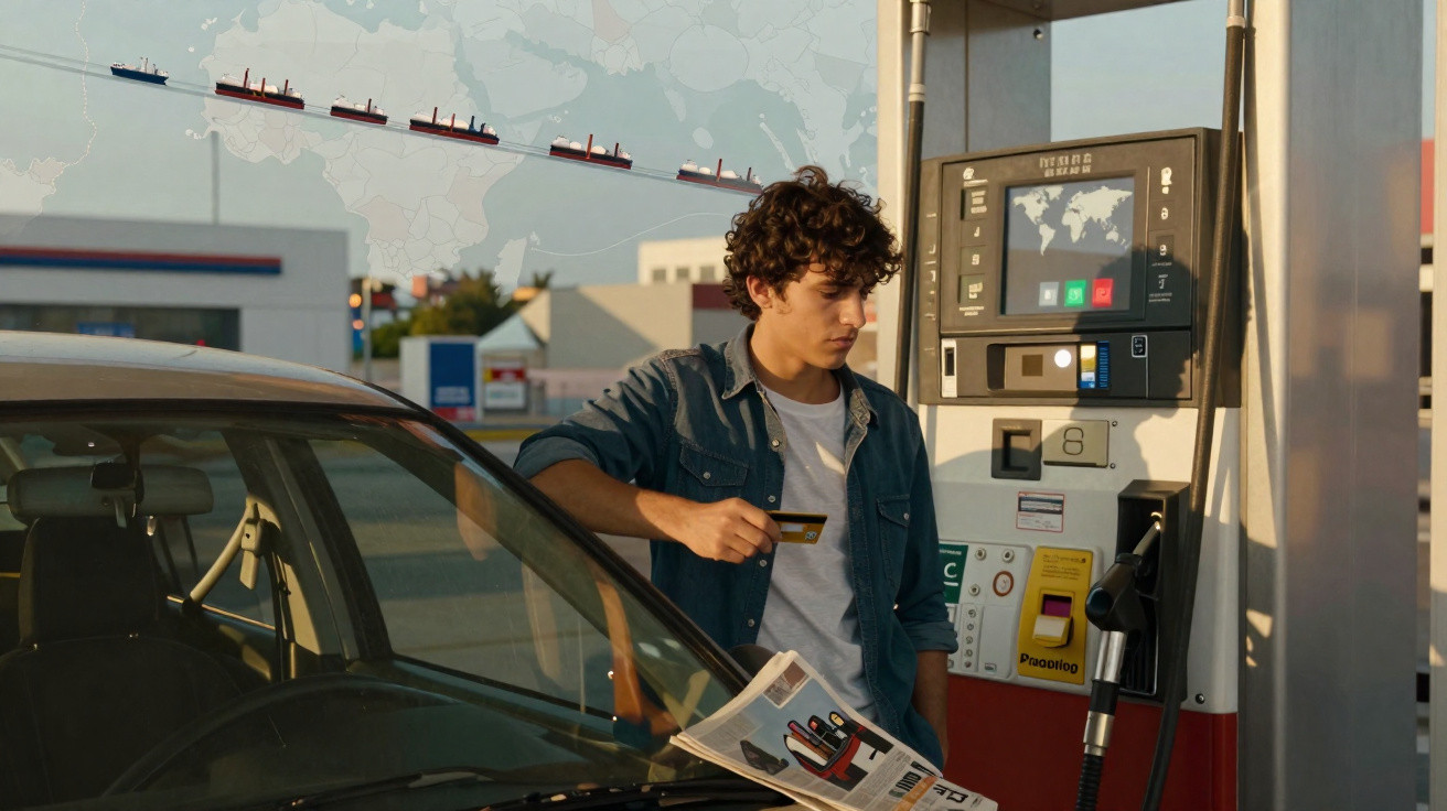 Homem jovem com cartão abastecendo carro em posto de gasolina ao entardecer.