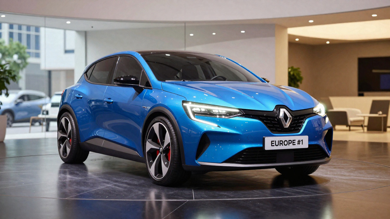 Carro elétrico azul Renault mostrado em showroom moderno, com faróis acesos e placa escrita Europe #1.
