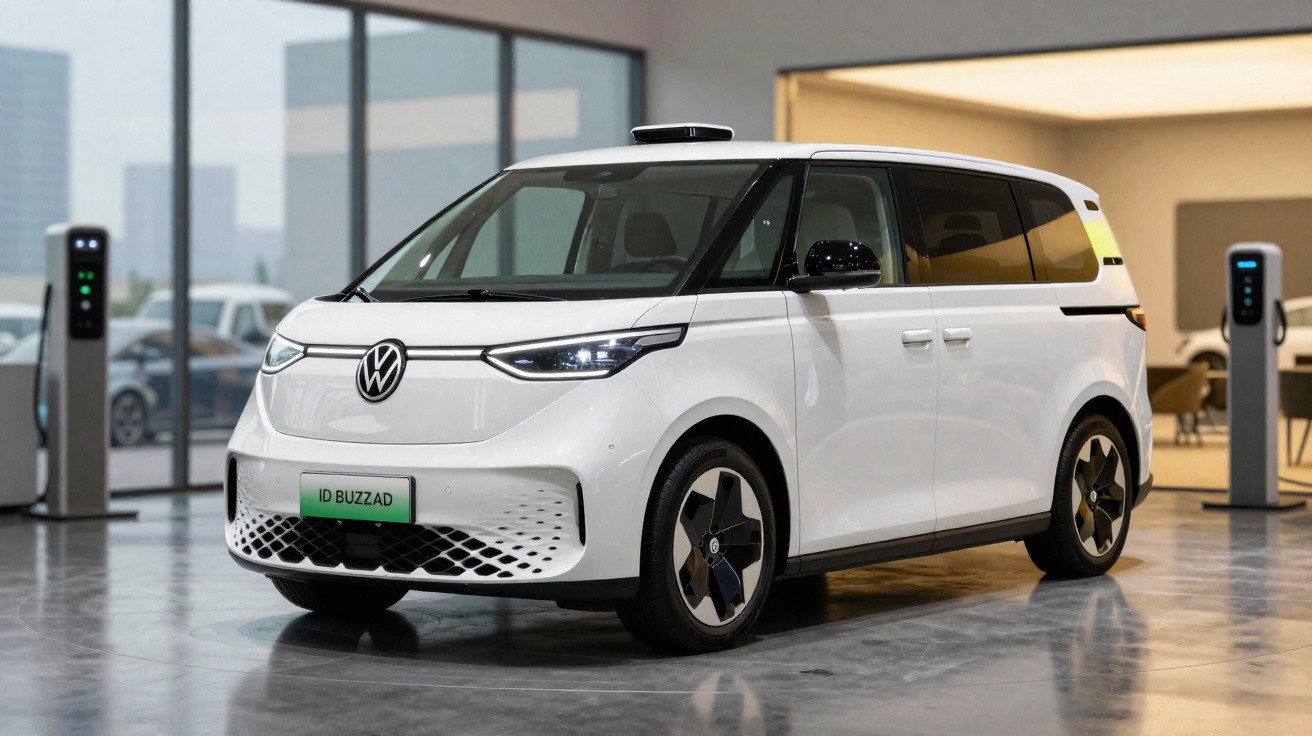 Carro elétrico branco Volkswagen ID Buzz estacionado em ambiente interno moderno com carregadores ao fundo.