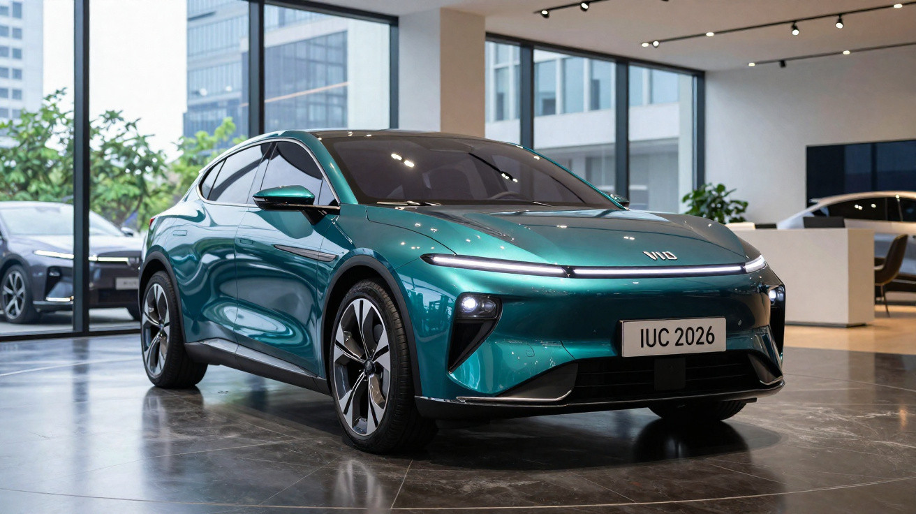 Carro elétrico verde em exposição, com design moderno e faróis iluminados em showroom.