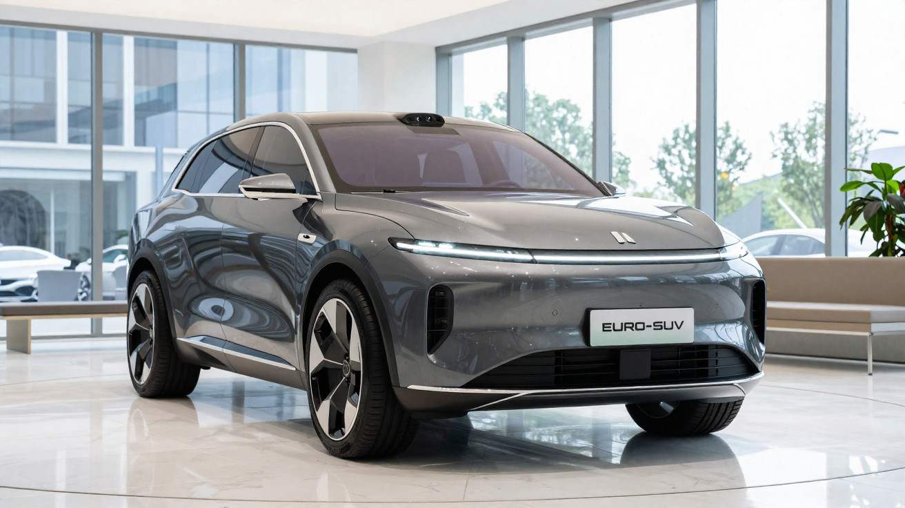 SUV elétrico cinza escuro estacionado em showroom moderno com grandes janelas de vidro.