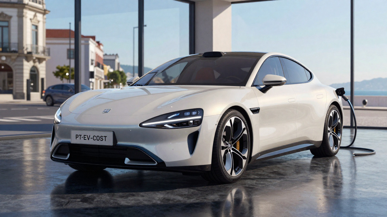 Carro elétrico branco estacionado em garagem com carregador conectado e arquitetura moderna ao fundo.