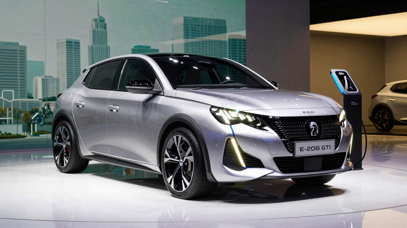 Carro elétrico prata Peugeot E-208 GTI em exposição, com conexão a estação de recarga.