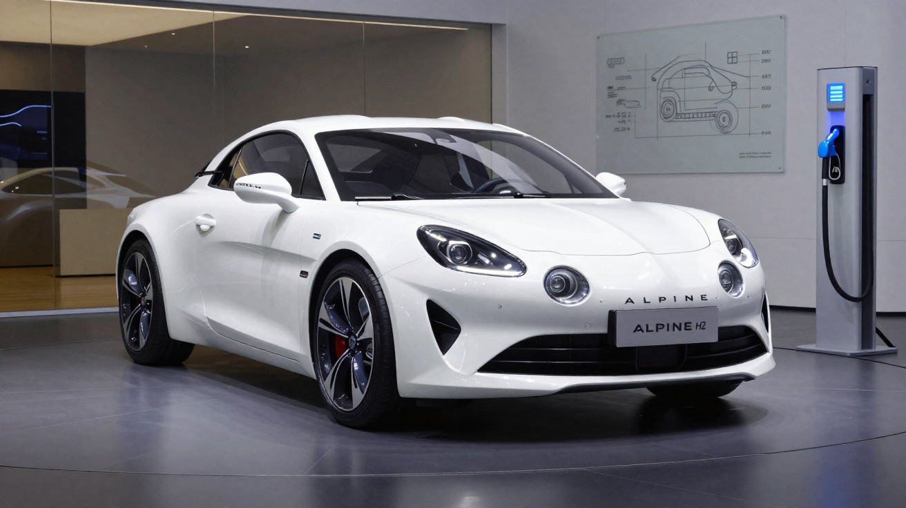 Carro esportivo branco Alpine H2 estacionado em ambiente moderno ao lado de estação de recarga elétrica.