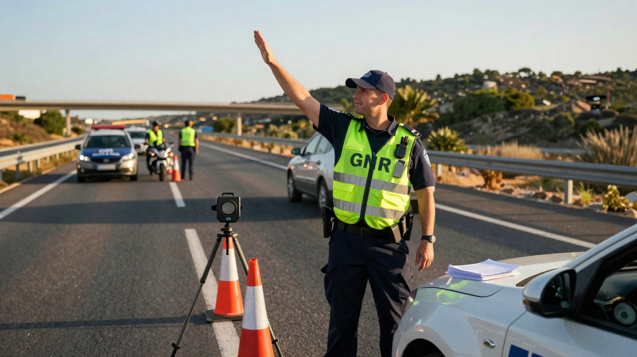 Policial da GNR parada em blitz na estrada, sinalizando com o braço para veículos passarem.
