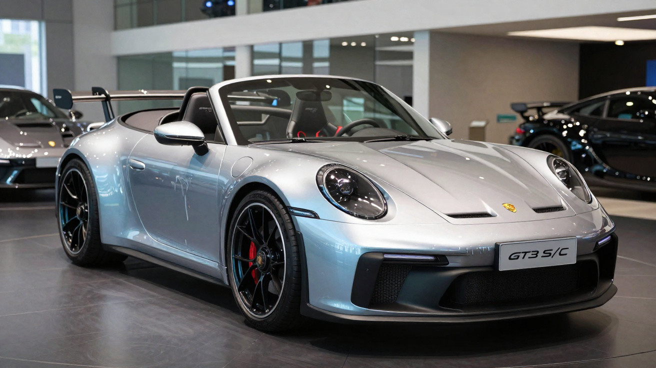 Carro esportivo Porsche GT3 S/C conversível prata exibido em showroom moderno.
