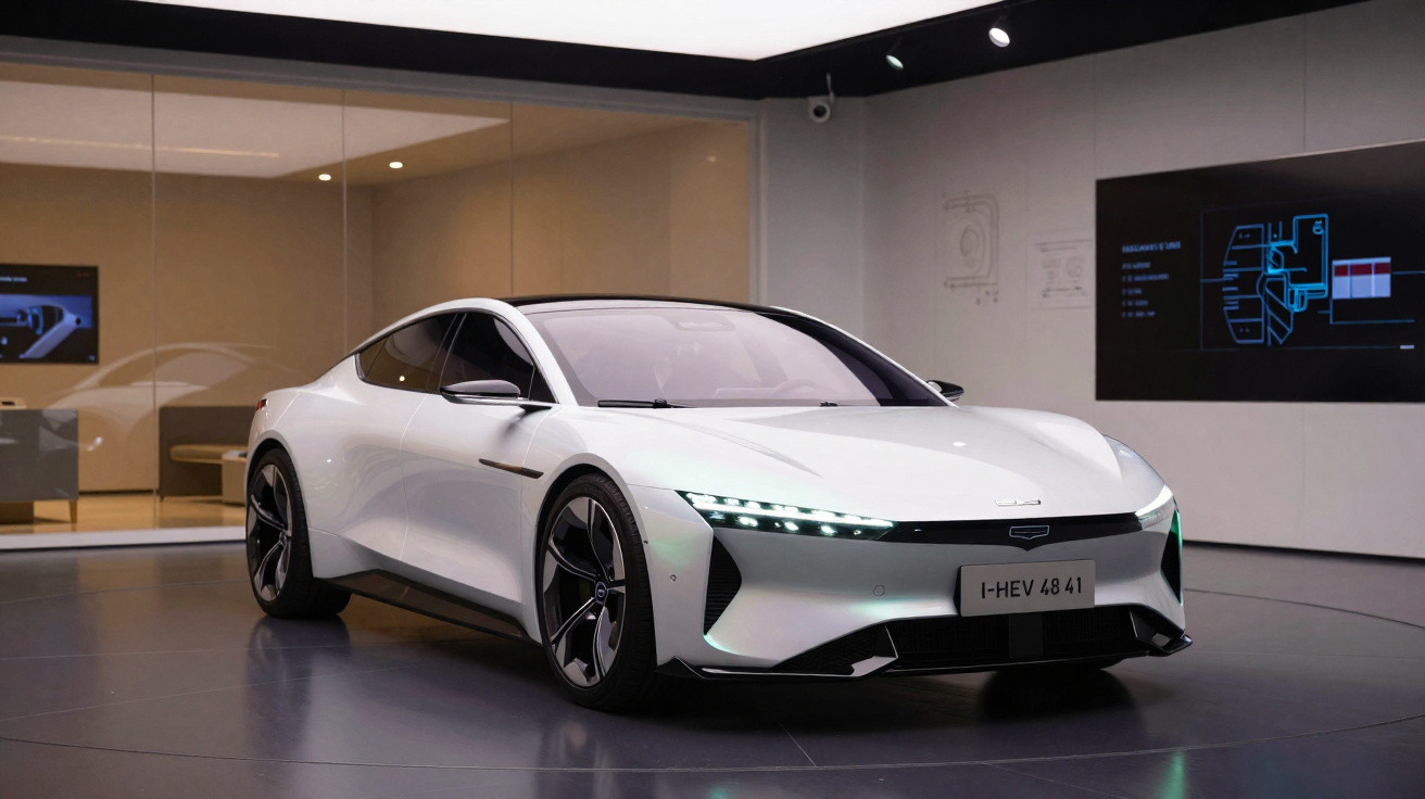 Carro esportivo elétrico branco exibido em ambiente interno moderno com iluminação suave.