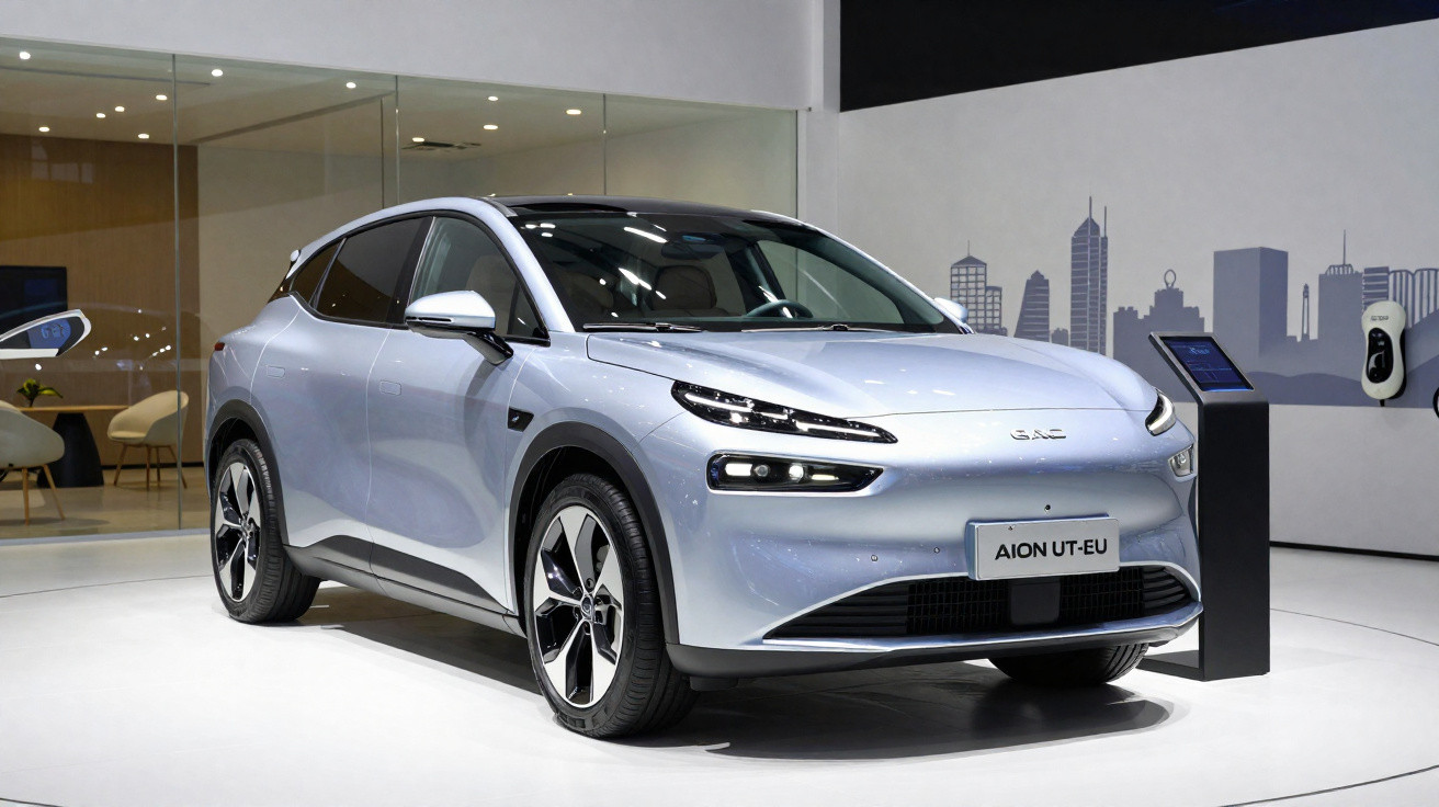 Carro elétrico prata GAC Aion UT-EU exibido em ambiente interno moderno.