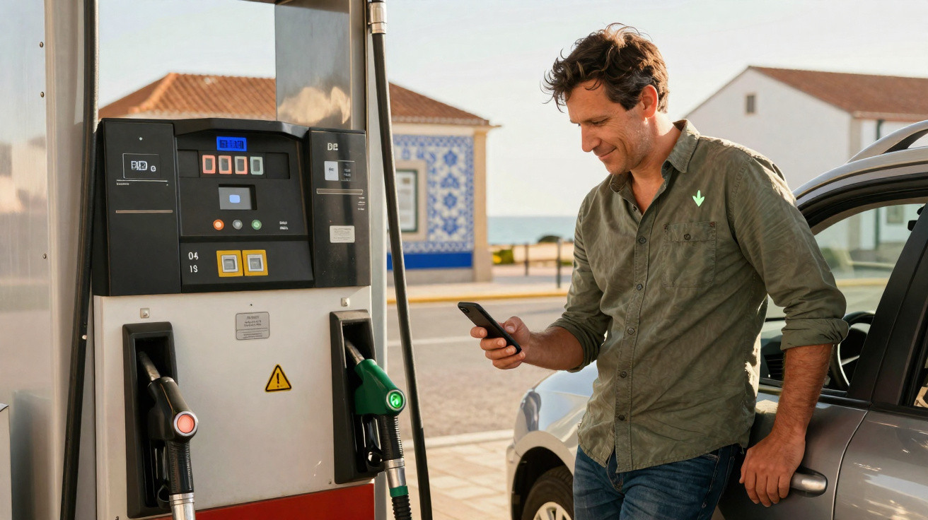 Homem sorri enquanto usa celular ao lado de bomba de combustível em posto de gasolina à luz do dia.