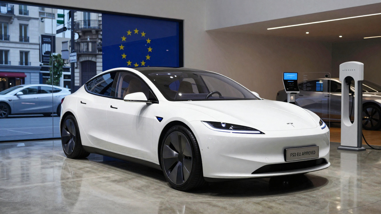 Carro elétrico branco Tesla em showroom com estação de recarga e bandeira da União Europeia ao fundo.