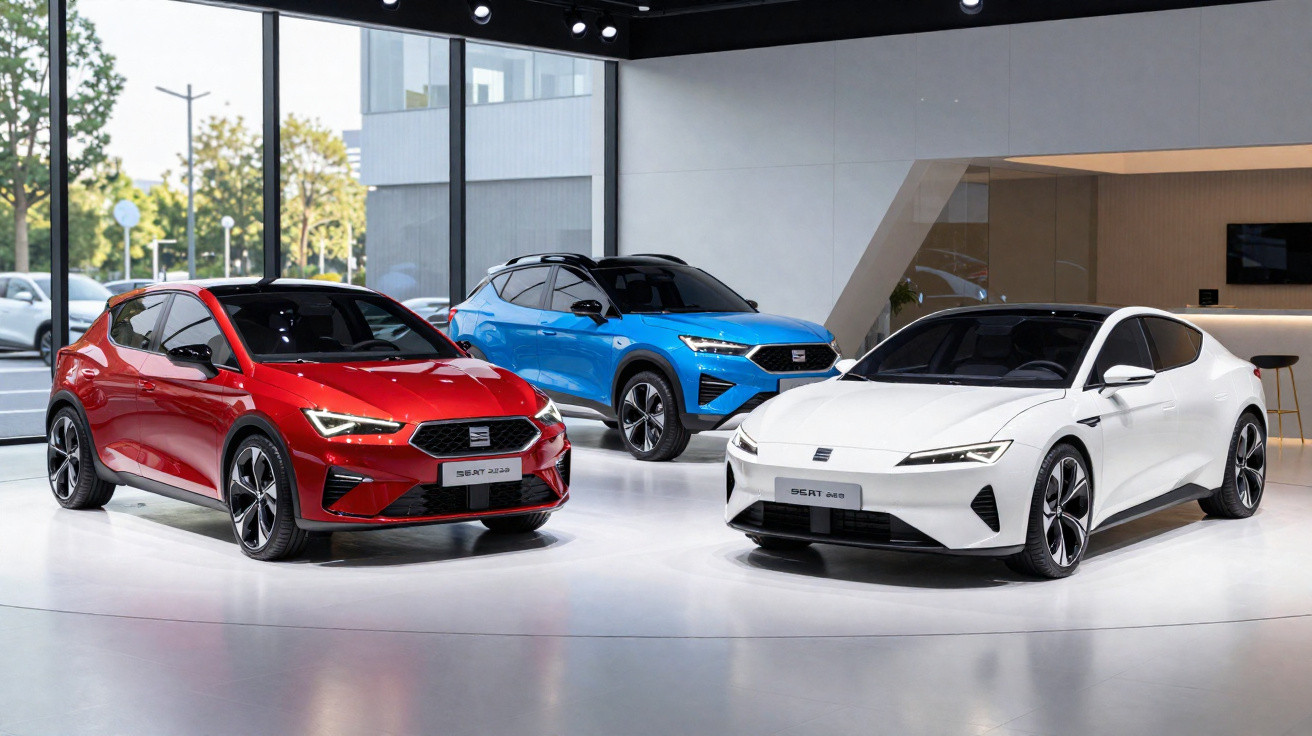 Três carros Seat modernos nas cores vermelha, azul e branca em showroom iluminado.