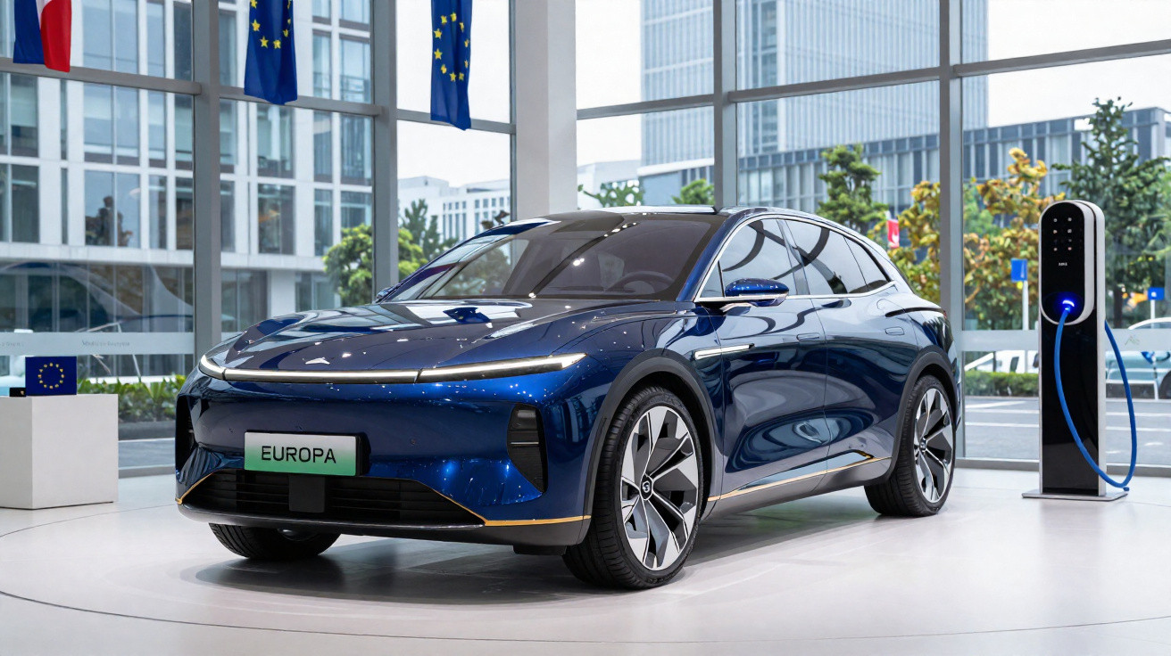 Carro elétrico azul estacionado em showroom moderno com estação de recarga e bandeiras da União Europeia.
