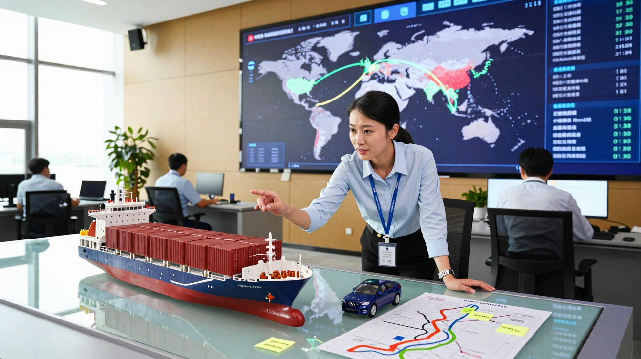 Mulher em escritório de logística analisa modelo de navio cargueiro e mapas com rota e dados em tela grande.