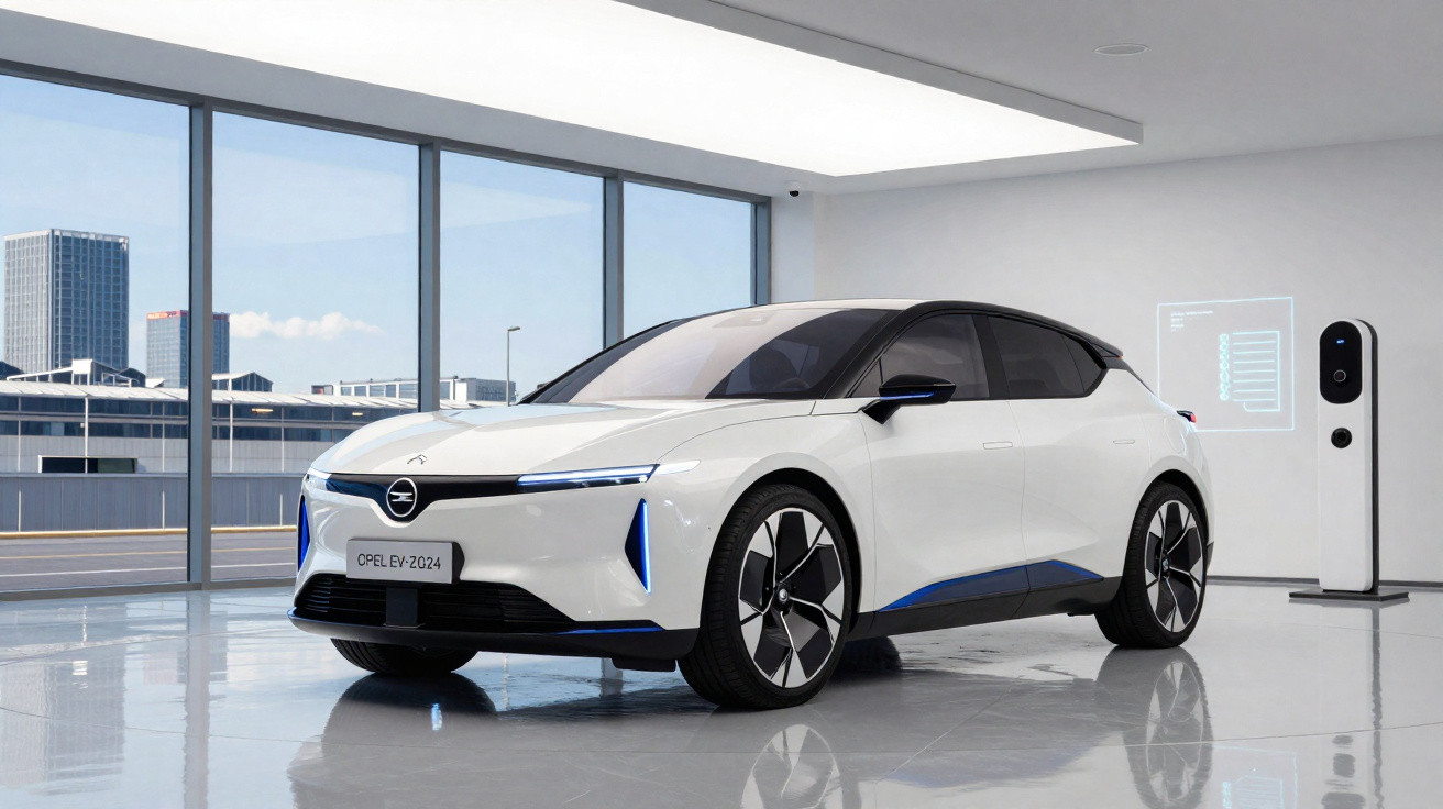 Carro elétrico branco Opel EV 2024 em showroom moderno com estação de carregamento ao lado.
