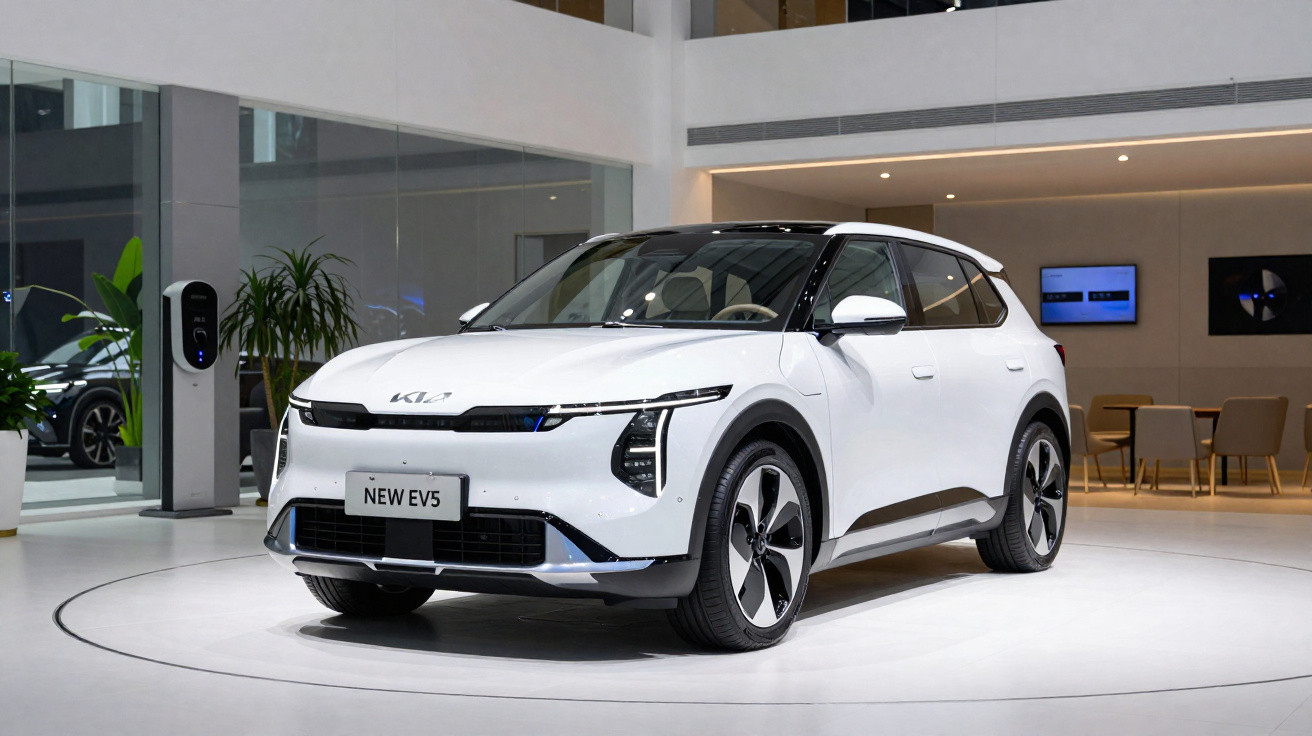 Carro elétrico branco Kia NEW EV5 em exposição em ambiente moderno e iluminado, com parede de vidro e plantas.