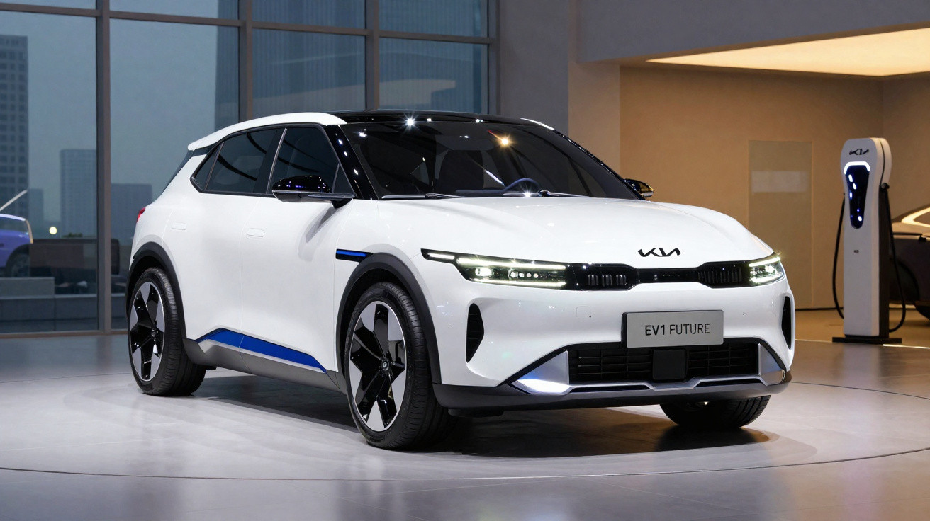 Carro elétrico branco Kia EV1 Future em exposição, com design moderno e carregador ao fundo.