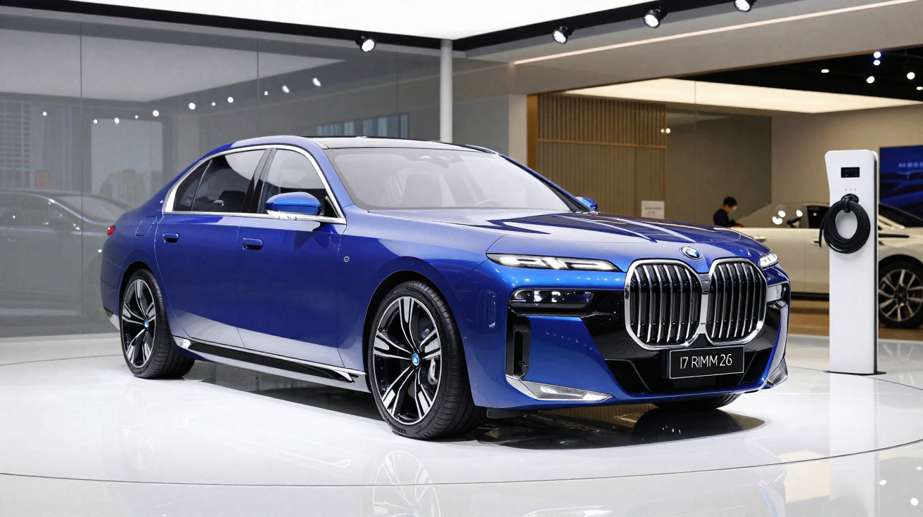 Carro azul BMW i7 elétrico exposto em ambiente interno moderno com luzes focais e estação de recarga.