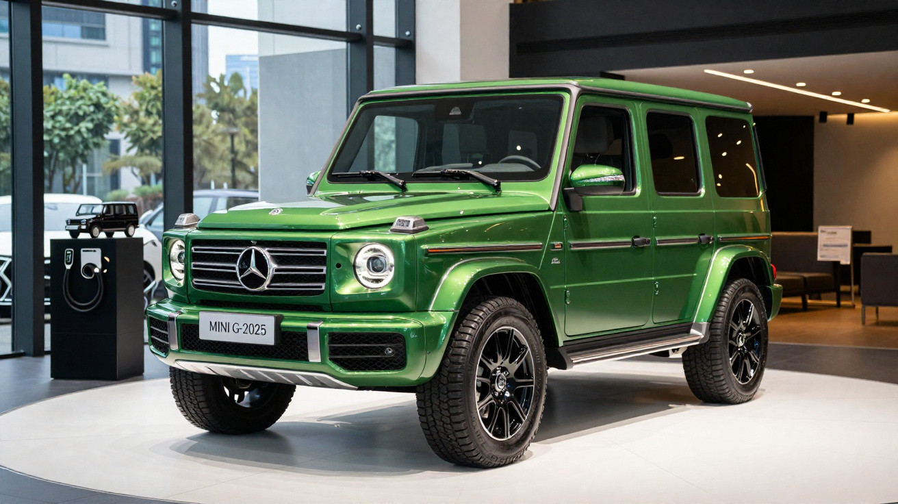 Carro SUV verde Mercedes-Benz Mini G-2025 exposto em showroom moderno.