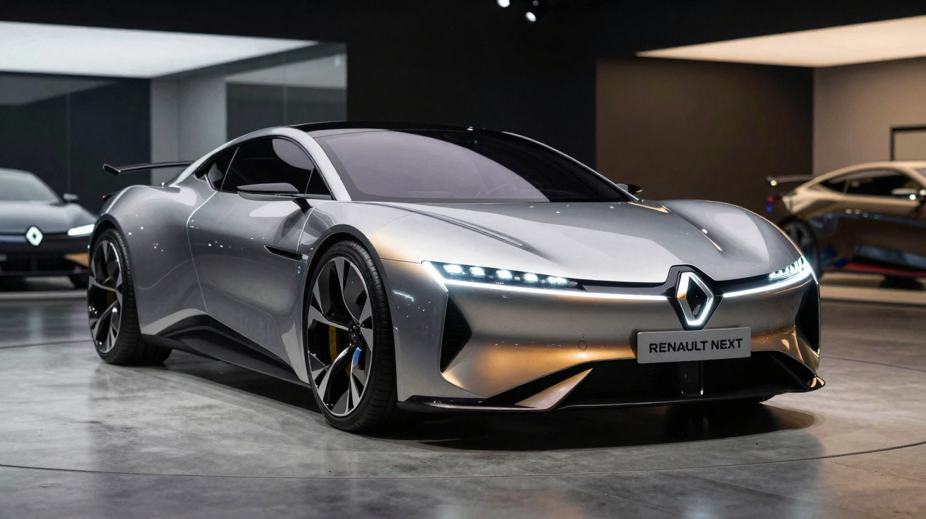 Carro esportivo elétrico cinza prata Renault Next em exposição interna com luzes de LED acesas.