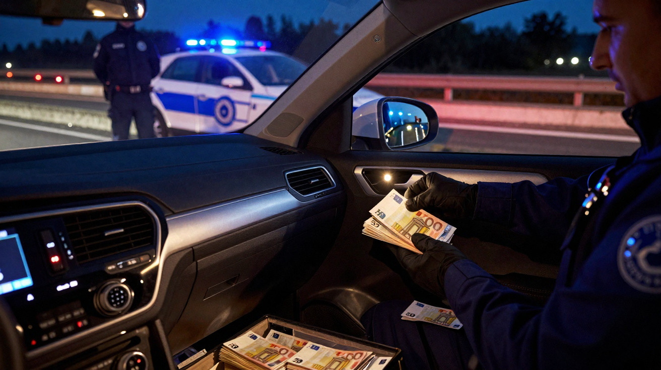 Policial dentro de carro segurando cédulas de euro durante abordagem noturna com viatura policial ao fundo.