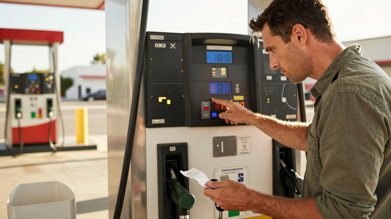 Homem conferindo o valor e opções no painel de bomba de combustível em posto de gasolina.