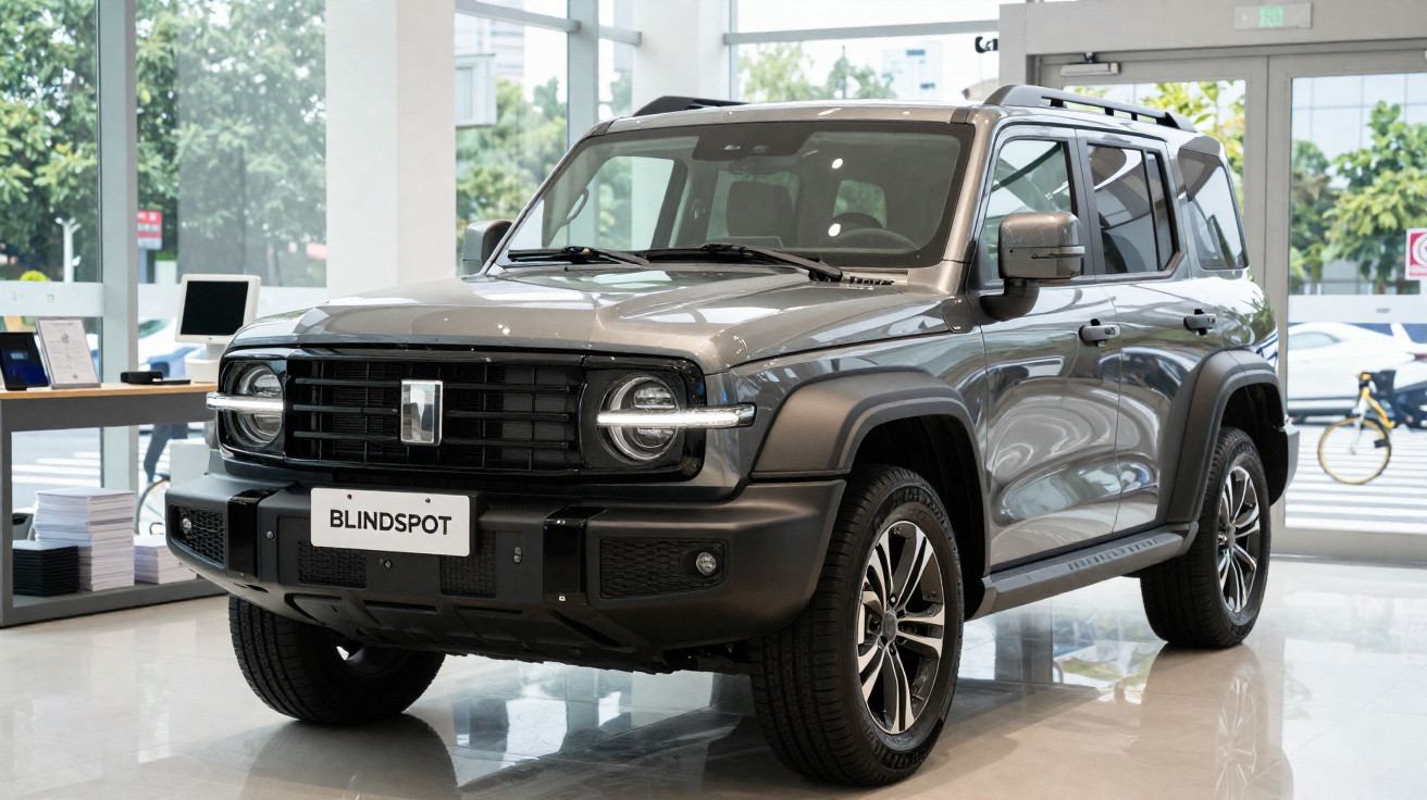 SUV blindado cinza estacionado em showroom com vidros escurecidos e detalhes em preto.
