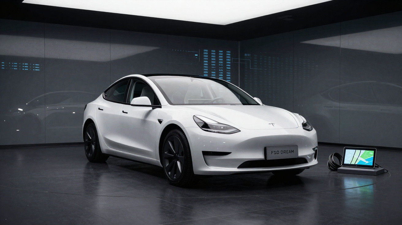 Carro elétrico branco Tesla Model 3 estacionado em ambiente moderno com estação de carregamento e tela digital ao lado.