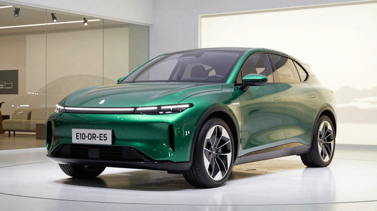 Carro elétrico SUV verde em exposição em ambiente interno moderno com piso branco e parede de vidro.