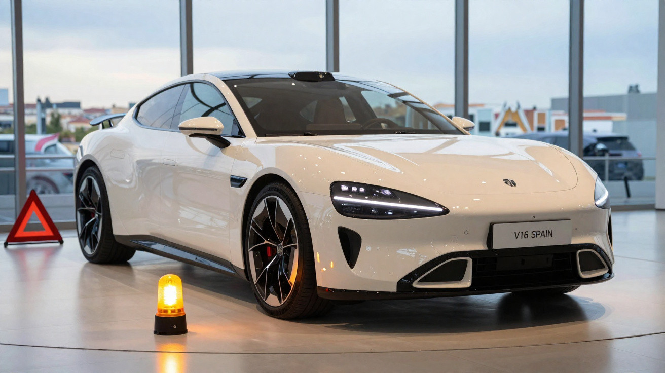 Carro esportivo branco exibido em showroom com faróis acesos e sinalizador amarelo no chão.