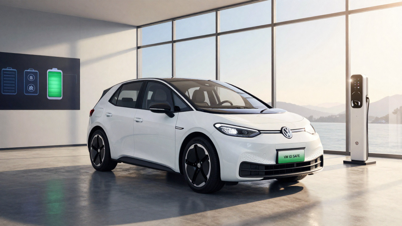 Carro elétrico Volkswagen branco estacionado próximo a uma estação de recarga em ambiente moderno e iluminado.