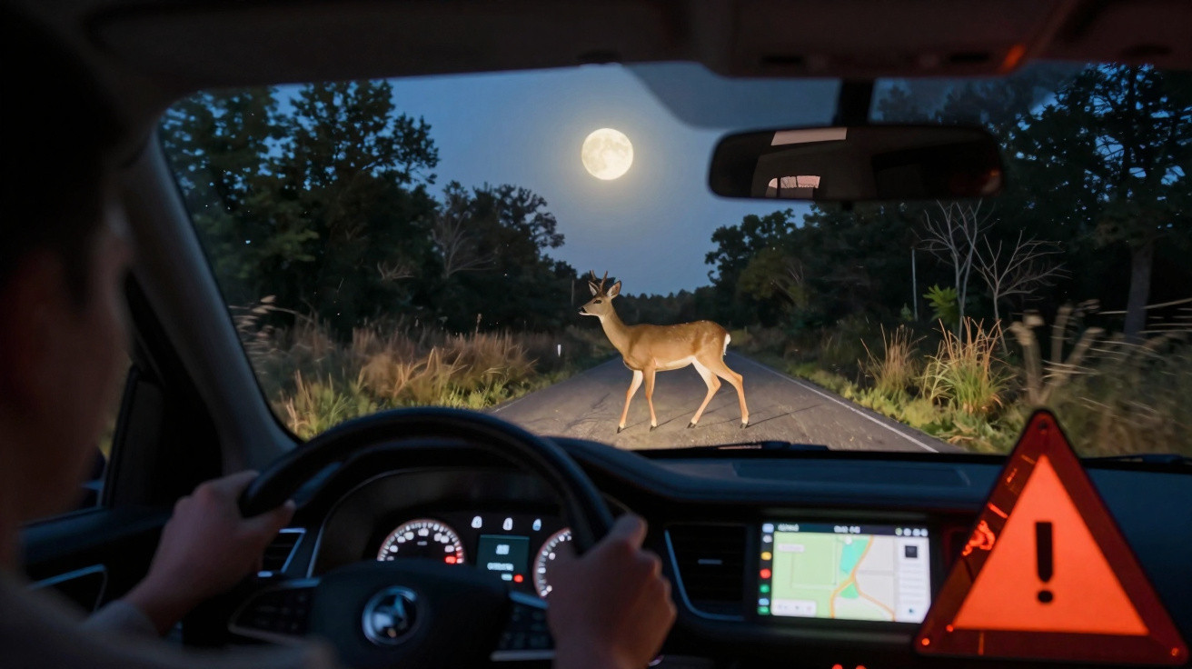 Veado atravessa estrada à noite sob lua cheia, visto do volante de um carro com alerta no painel.