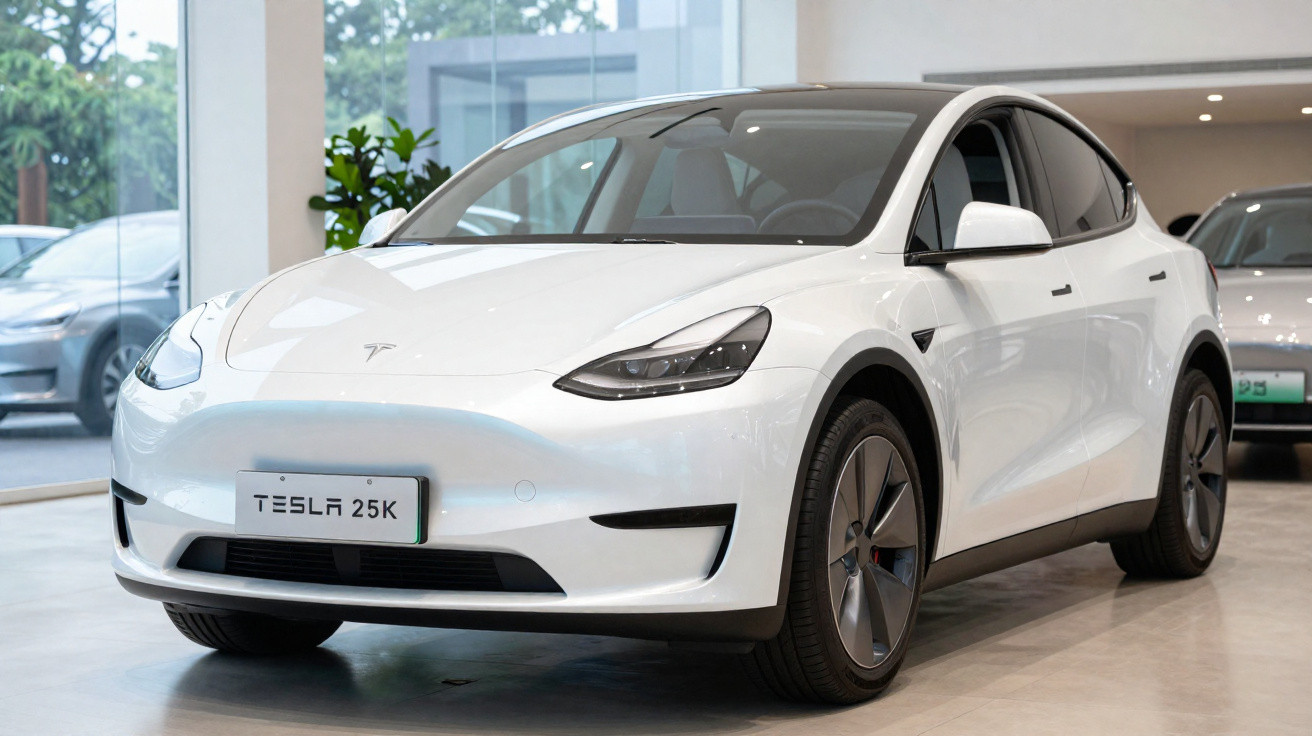 Carro elétrico Tesla branco modelo 25K em exposição dentro de showroom moderno e iluminado.