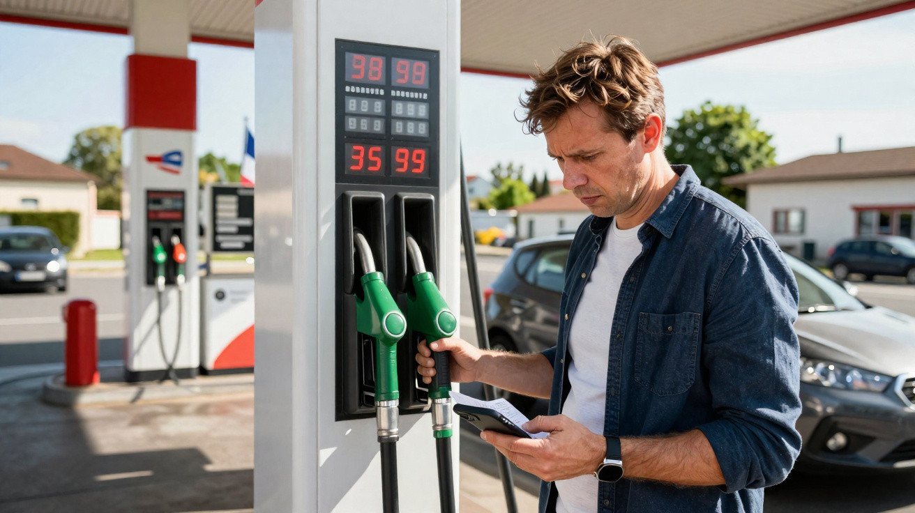 Homem olhando celular enquanto segura bomba de combustível em posto de gasolina.