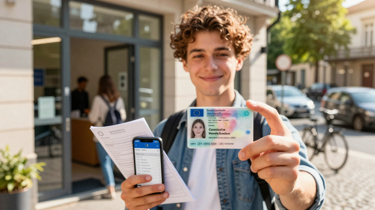Jovem sorridente segura carteira de identidade, celular e documentos em área urbana ao ar livre.
