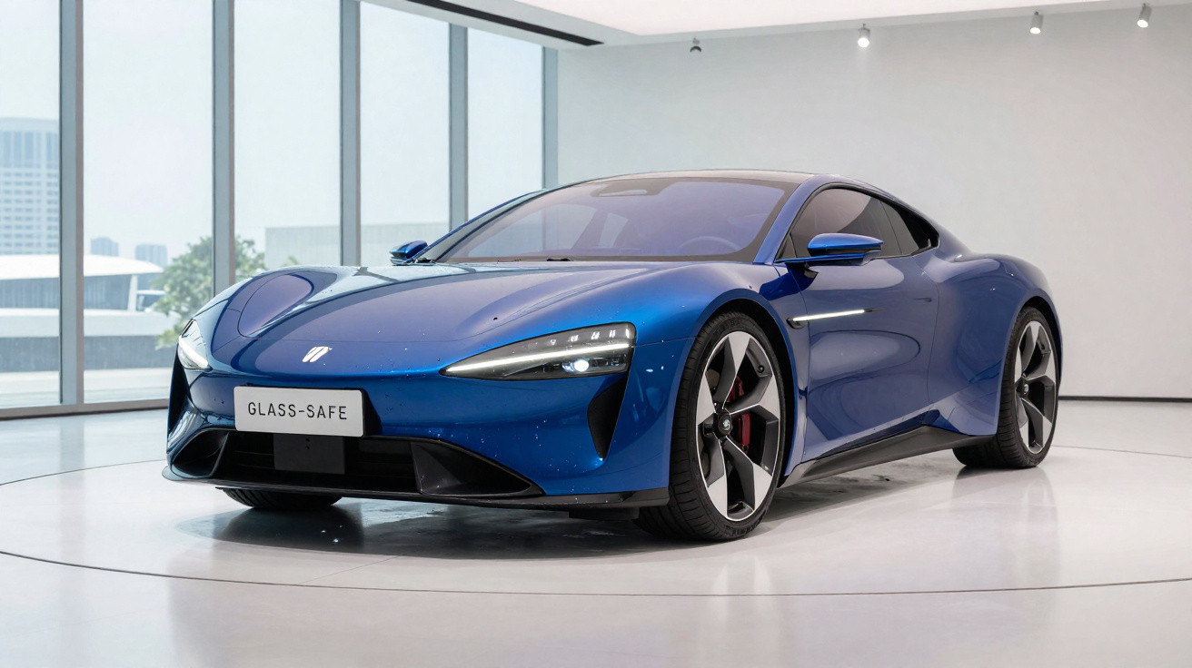 Carro esportivo elétrico azul metálico exibido em salão com janelas amplas e piso branco.