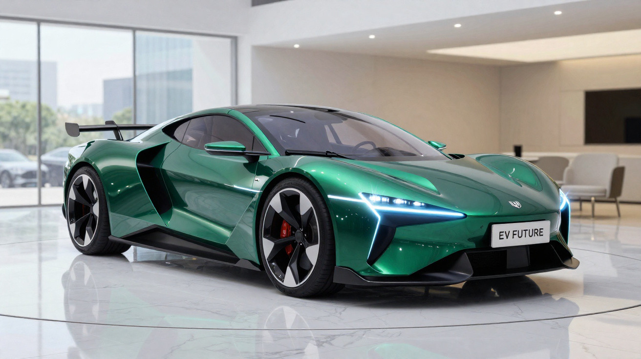 Carro esportivo verde elétrico futurista exibido em showroom moderno com faróis em LED ligados.