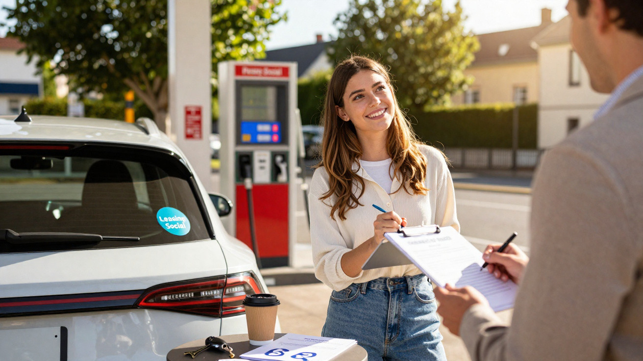 Mulher sorrindo responde questionário enquanto homem segura prancheta em posto de gasolina ao ar livre.