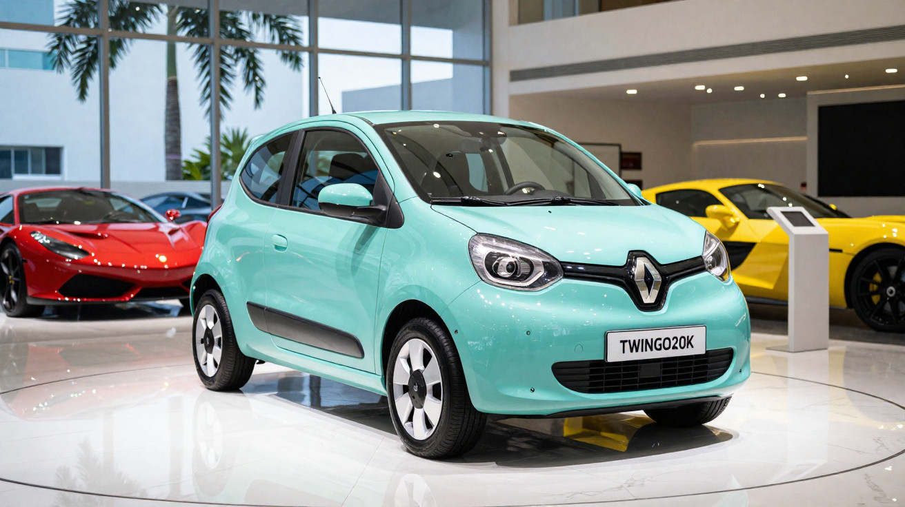 Carro compacto Renault Twingo azul claro exposto em showroom com carros esportivos ao fundo.