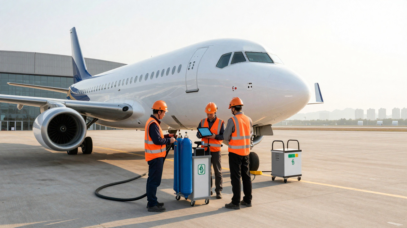 Três técnicos em colete laranja e capacete laranja revisando equipamento ao lado de avião branco no aeroporto.