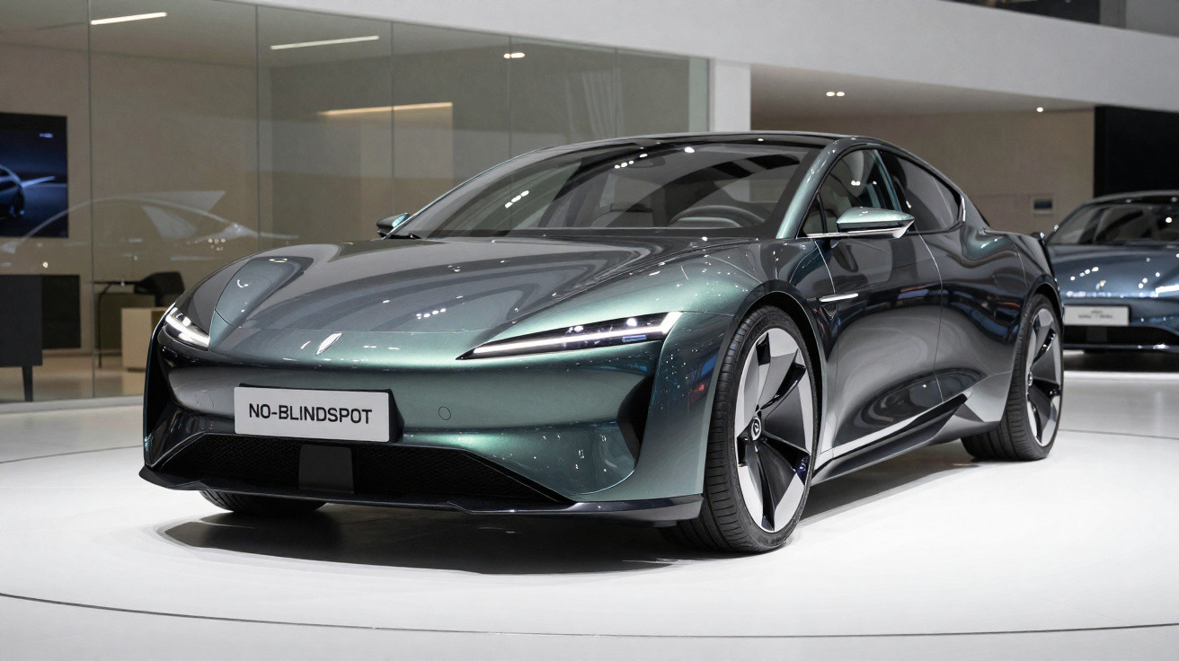 Carro esportivo elétrico verde metálico exibido em salão de automóveis moderno.