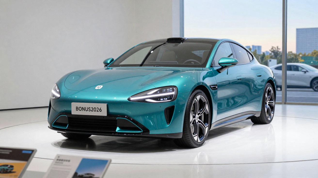 Carro esportivo elétrico verde claro com design moderno exposto em salão de automóveis.