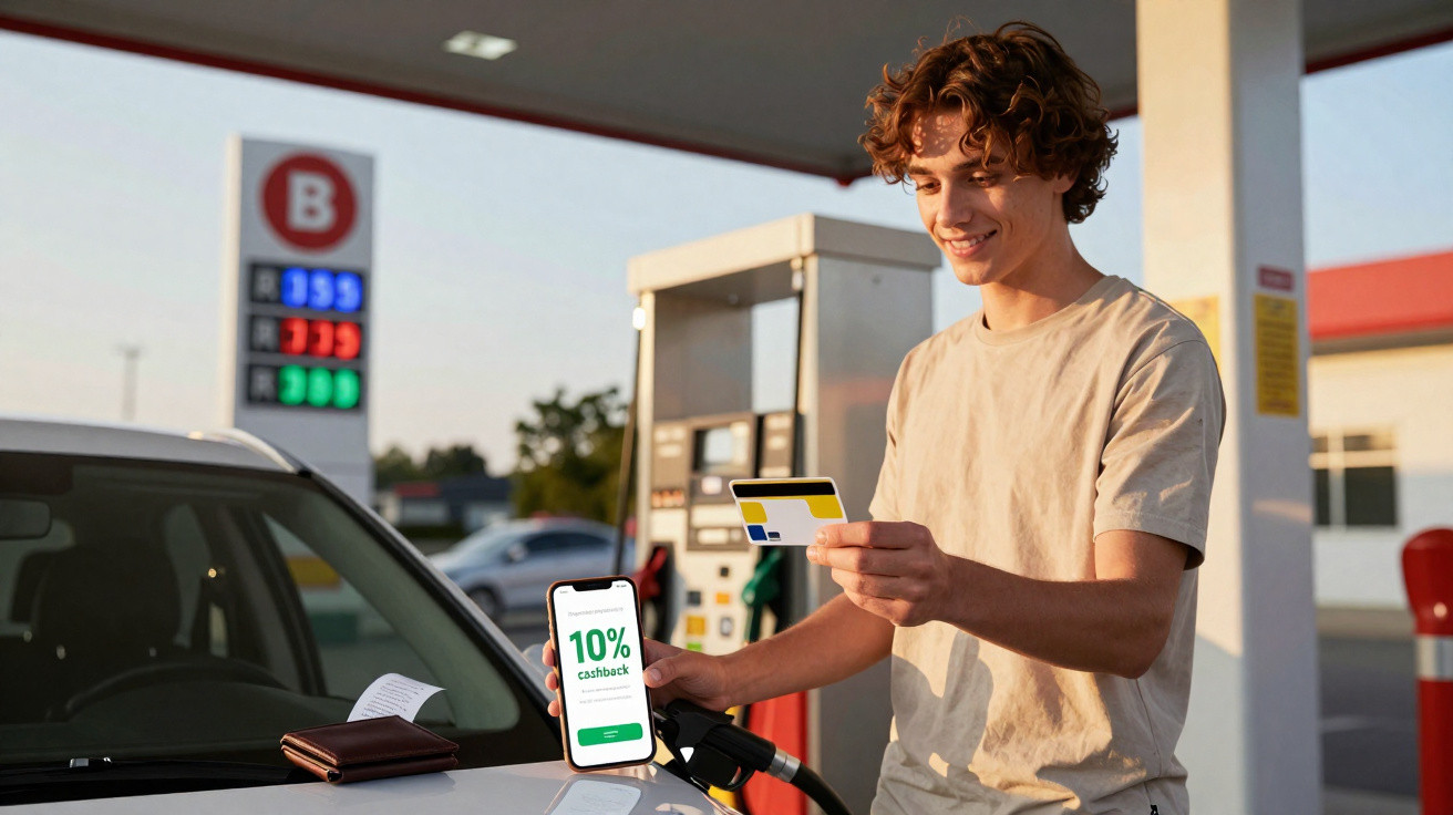 Jovem sorridente fazendo pagamento com cartão e celular exibindo cashback em posto de gasolina.