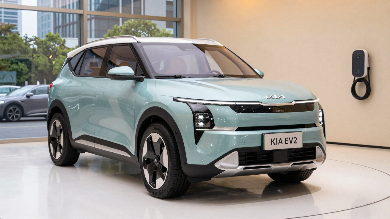 SUV elétrico verde água Kia EV2 exibido em showroom moderno com carregador na parede ao fundo.