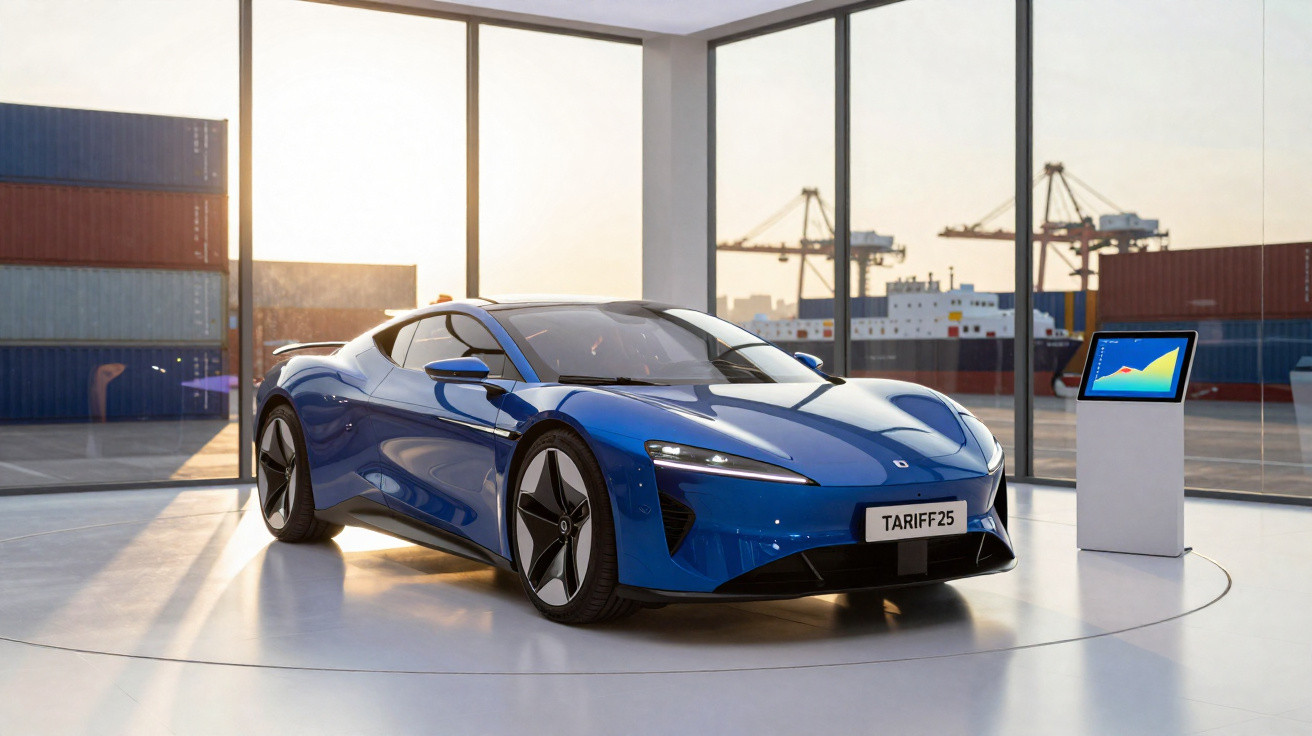 Carro esportivo azul elétrico exibido em showroom com grandes janelas e contêineres de carga ao fundo.
