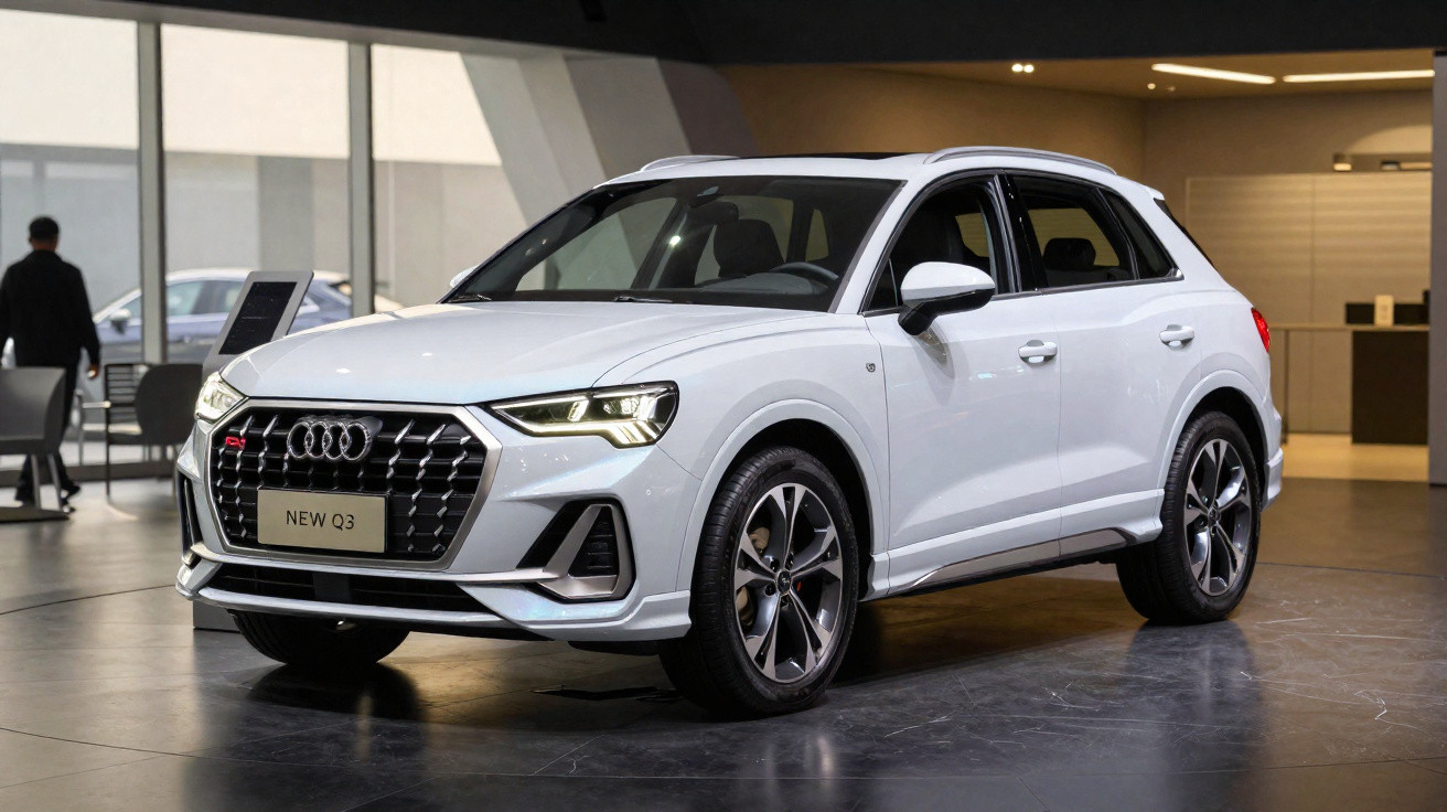 Audi Q3 branco exibido em showroom moderno com iluminação interna suave.