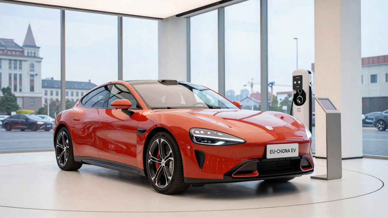 Carro elétrico esportivo laranja em exposição próxima a estação de recarga, ambiente interno moderno e iluminado.
