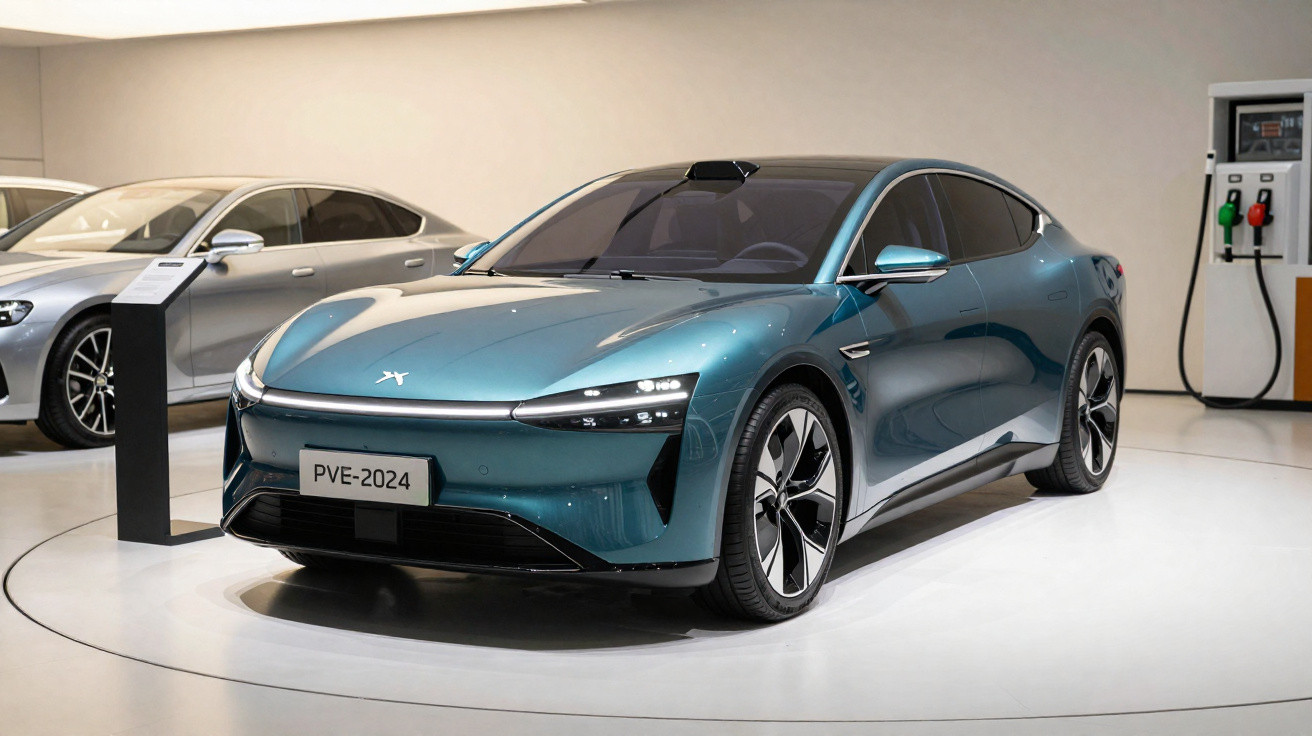 Carro elétrico azul em exposição, com design moderno e linhas aerodinâmicas em showroom.