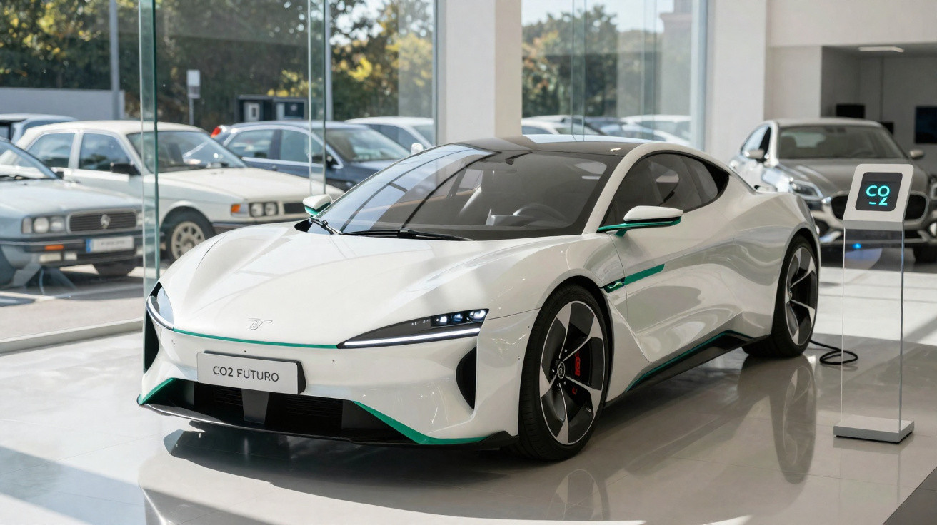 Carro esportivo elétrico branco em showroom com placa "CO2 FUTURO" e estação de carregamento ao lado.